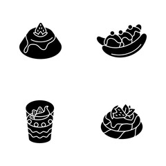 Popular sweets black glyph icons set on white space. Italian Panna Cotta. Australian Banana split. French frozen dessert. European cuisine. Silhouette symbols. Vector isolated illustration