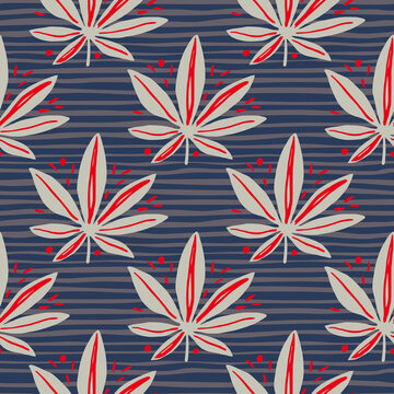 Seamless Simple Pattern With Grey Marijuana Ornament And Red Details. Navy Blue Background With Strips.