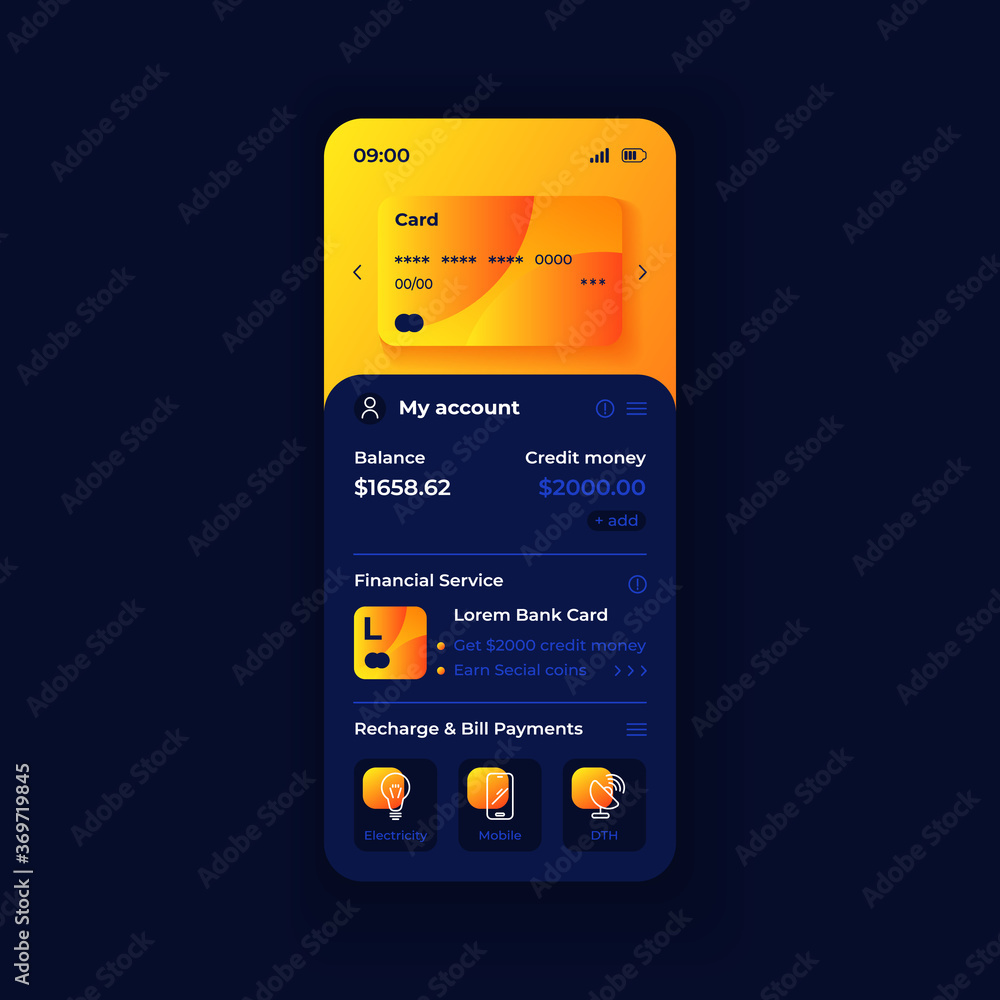 Poster personal loans app smartphone interface vector template. mobile app page night mode design layout. p