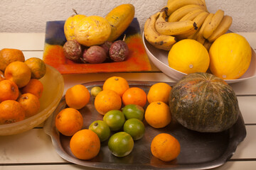 banana, melon, tangerine, passion fruit, papaya, pumpkin, lemon, orange