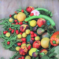 closeup of a top view fruit and vegetable composition - fresh and healthy food