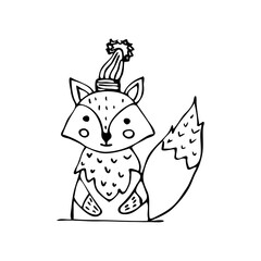 Vector illustration of a charming fox in a warm hat in the style of scandi drawn by hand. Baby, cute forest animal new year and christmas postcards