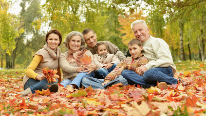 Portrait of family relaxing in autumn park