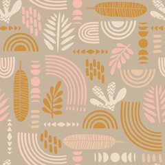 Artistic seamless pattern with abstract leaves and geometric shapes.