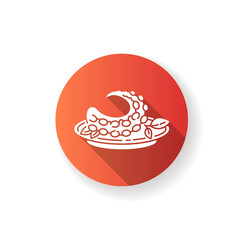 Polvo red flat design long shadow glyph icon. Portuguese octopus meal. Traditional dish with fresh seafood. Oriental cuisine. Ingredient for recipe. Raw octopus. Silhouette RGB color illustration