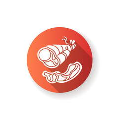 Parma ham red flat design long shadow glyph icon. Roasted pork on bone. Smoked turkey. National meat dish. Italian prosciutto. Lamb for lunch. Ingredient for diner. Silhouette RGB color illustration