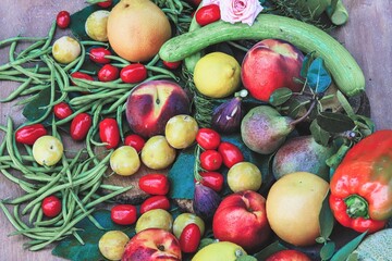 closeup of a top view fruit and vegetable composition - fresh and healthy food
