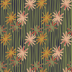 Abstract hand drawn geometric seamless pattern with flowers . Stripped background. Green and orange palette.