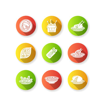 Cafe meals flat design long shadow glyph icons set. Wrapped shawarma with meat and lettuce. Peking duck. Ukrainian borscht. Scottish haggis. Exotic dish. Fast food. Silhouette RGB color illustration