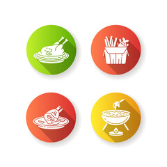 National cookery flat design long shadow glyph icons set. Fast food. Peking duck. British fish and chips. German roasted pork knuckle. Cheese fondu. Silhouette RGB color illustration