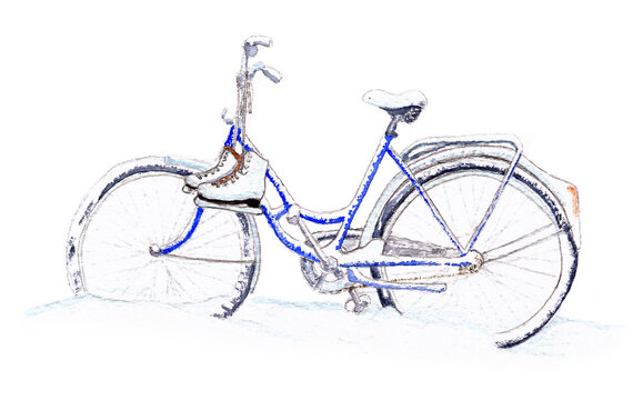 Blue bicycle in snow with skates painted with watercolour