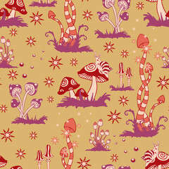 Seamless vector pattern with red mushrooms on pink background. Fantasy landscape wallpaper design. Ethnic fashion textile.