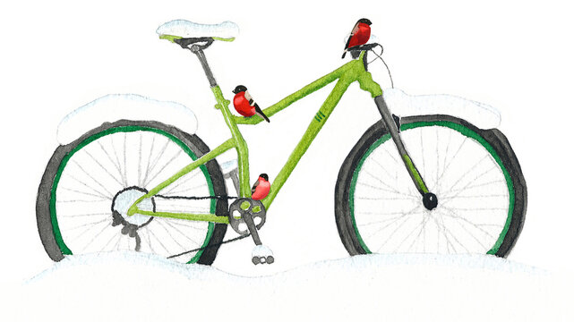 Green bike with red birds in snow painted with watercolour