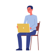 Man character sitting on chair with laptop, flat vector illustration isolated.