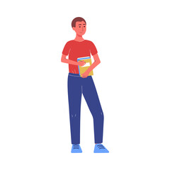 Young student man holding books and textbooks flat vector illustration isolated.