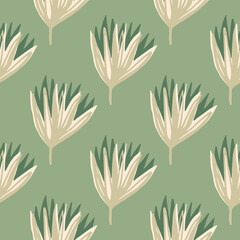 Pastel stylized floral seamless pattern with tulip buds. Flowers in beige tones on soft green background.