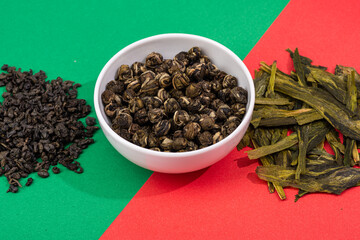 loose tea in a saucer and poured nearby on a contrasting background