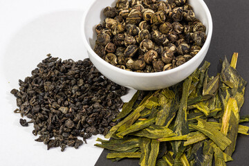 loose tea in a saucer and poured nearby on a contrasting background