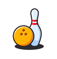 Bowling pins with ball icon. Bowling game. Bowling ball and pin icon. Simple icon skittles with ball. Logo template. Bowling club, tournaments. Vector icon. Transparent background.