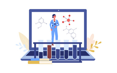 Chemistry online courses concept with laptop flat vector illustration isolated.