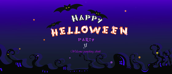 Happy Helloween party invitation purple background. Vector illustration.
