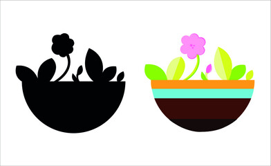 Flower in a pot and silhouette flower vector illustration , 2D
