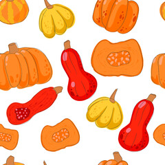 Seamless background with a pattern of different pumpkins or gourds.