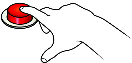 Line drawing of a human hand pressing a big red button.