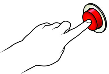 Line drawing of a human hand pressing a big red button.