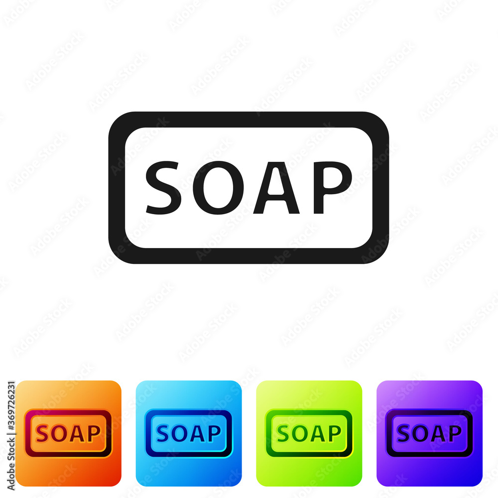 Poster black bar of soap icon isolated on white background. soap bar with bubbles. set icons in color squar