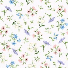 Vector seamless floral pattern with small pink, blue and purple flowers.