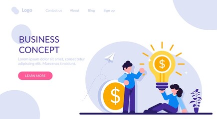 Business concept. Young businessman and businesswoman. Team success. An idea that generates revenue. A coin with a dollar. Modern flat illustration.