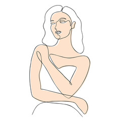 Hand drawn outline vector illustration of woman silhouette in white dress. Continuous line art, minimalist concept
