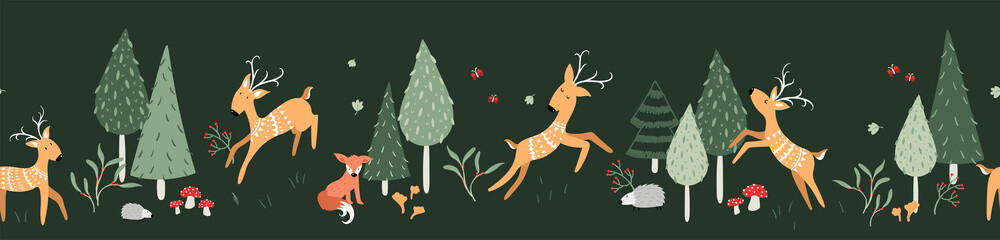 Lovely hand drawn forest seamless pattern with deer and trees. Great for textiles, banners, wallpapers, wrapping - vector design