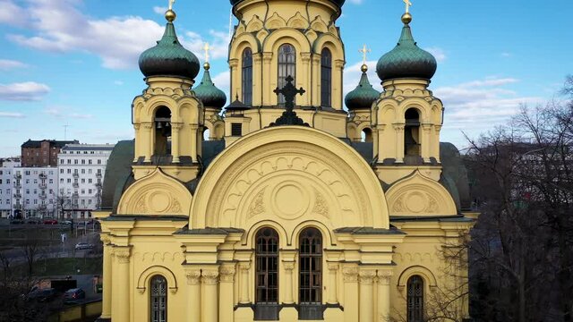 Drone footage of front facade of Mary Magdalene orthodox church in Warsaw, capital of Poland
