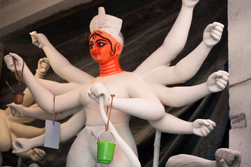 Durga idol at a workshop as a work in progress