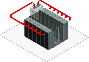 Data center hot and cold aisle rack/cabinet configuration/layout. Arrows show flow of hot and cold air. Cold air enters from raised floor in contained aisle. Hot air drawn into air conditioner.