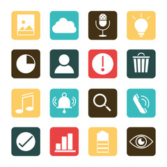 mobile application photo data telephone music search, web button menu digital flat style icons set