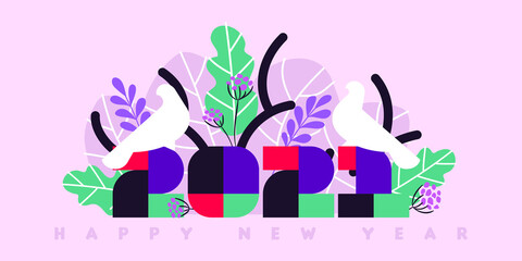 Happy New Year 2021 greeting card. Multicolored numbers with tropical palm leaves and white birds on violet background. Stylish vector illustration for brochure cover or holiday calendar