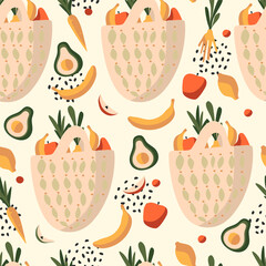 Reusable shopping bag with groceries on a light background. Endless background,theme of ecology, conservation of the earth, trend bags for going to the store.Vector seamless pattern in flat style