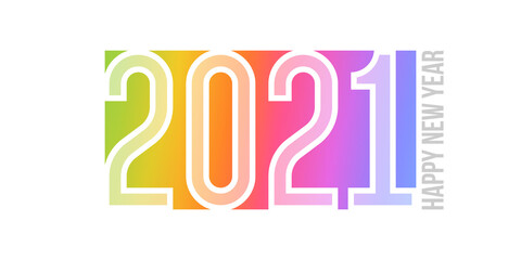Happy New Year 2021 logo design with white elegant numbers on soft-colored rainbow gradient background. Modern vector illustration for business diary cover, calendar, flyer or banner