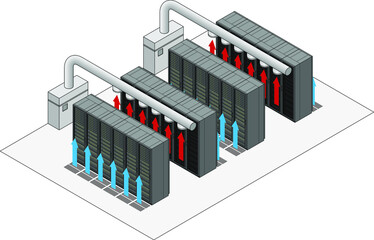 Data center hot and cold aisle rack/cabinet configuration/layout. Arrows show flow of hot and cold air.Cold air enters from raised floor. Hot air vents into overhead ducts.