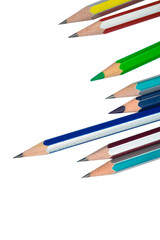 Few different colored wood pencil crayons placed on top of a white background