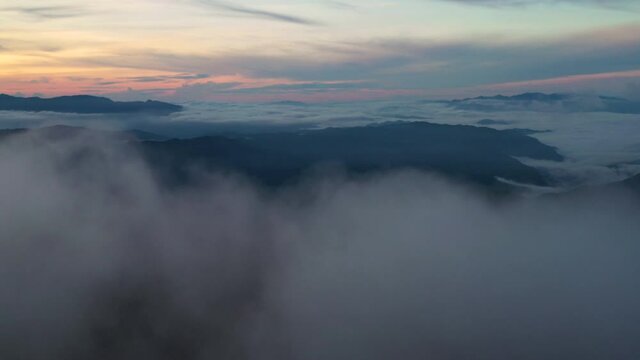 Aerial view of Beautiful National Nature Park during sunrise dawn in mountain peak In the north of Thailand