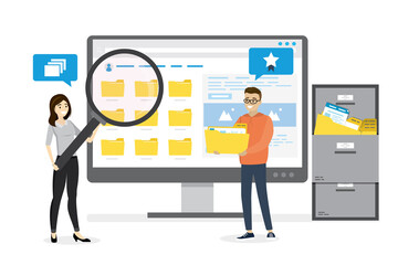 Office clerks or employees searching and indexing files. Monitor display with yellow folders, documents and media content. File manager, data storage.