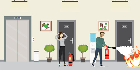 Caucasian office worker man holds red fire extinguisher. Cartoon people extinguishes fire in office hall. Foam puts out flame.