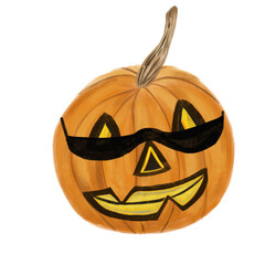 halloween jack o lantern in cool sunglasses isolated on white background. Halloween symbol. Mug, stationery, sticker, kids, passport design