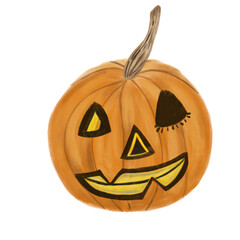 jack o lantern halloween pumpkin winking face isolated on white background. Watercolor pumpkin. Kids, stationery, sticker, print, design