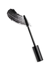 Black mascara brush stroke with applicator brush isolated on white