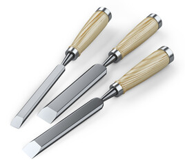 Chisel hand tool set with wooden handles.